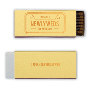 Beep, beep, someone’s getting hitched! The License Plate Matchbox features bold a customizable location liscence play design, and a playful hashtag detail on the back. Add it to your event to create a memorable touch guests will love. Perfect for wedding celebrations or engagement weekends.