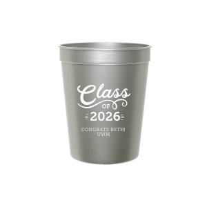 The Swirly Class of Graduation Name Stadium Cup design exudes celebratory energy with its bold "Class Of" declaration. A playful, swirling script for "Class" and an expansive flourish underneath capture the joy of graduation. Congratulatory wishes and school initials below, accented with light beams, amplify the cup's vibrant and spirited design.