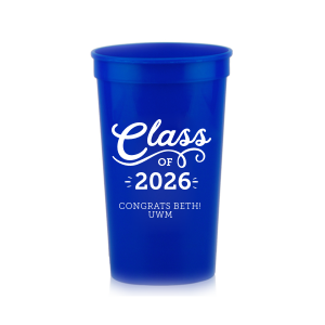 The Swirly Class of Graduation Name Stadium Cup design exudes celebratory energy with its bold "Class Of" declaration. A playful, swirling script for "Class" and an expansive flourish underneath capture the joy of graduation. Congratulatory wishes and school initials below, accented with light beams, amplify the cup's vibrant and spirited design.