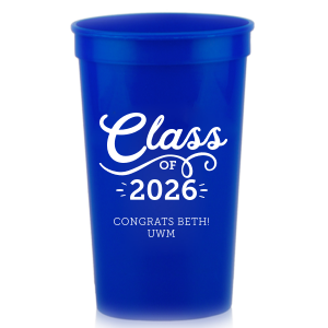 The Swirly Class of Graduation Name Stadium Cup design exudes celebratory energy with its bold "Class Of" declaration. A playful, swirling script for "Class" and an expansive flourish underneath capture the joy of graduation. Congratulatory wishes and school initials below, accented with light beams, amplify the cup's vibrant and spirited design.