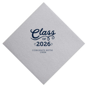 The Swirly Class of Graduation Name Napkin design exudes celebratory energy. A playful, swirling script for "Class" and an expansive flourish underneath capture the joy of graduation. Congratulatory wishes and school initials below, accented with light beams, amplify this napkin's vibrant and spirited design.