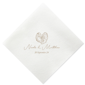 Savor the essence of romance with the Classic Italian Wedding Oyster Napkin. It features an artistically drawn shucked oyster, resembling a heart, symbolizing love and indulgence. Beneath this, the couple’s names in elegant script and the date add a touch of sophistication, perfectly capturing the spirit of a passionate celebration.
