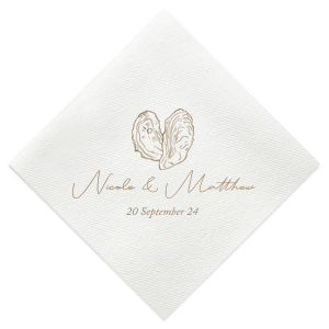 Savor the essence of romance with the Classic Italian Wedding Oyster Napkin. It features an artistically drawn shucked oyster, resembling a heart, symbolizing love and indulgence. Beneath this, the couple’s names in elegant script and the date add a touch of sophistication, perfectly capturing the spirit of a passionate celebration.