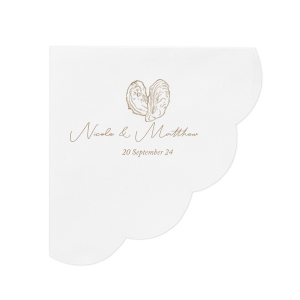 Savor the essence of romance with the Classic Italian Wedding Oyster Napkin. It features an artistically drawn shucked oyster, resembling a heart, symbolizing love and indulgence. Beneath this, the couple’s names in elegant script and the date add a touch of sophistication, perfectly capturing the spirit of a passionate celebration.
