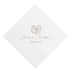 Savor the essence of romance with the Classic Italian Wedding Oyster Napkin. It features an artistically drawn shucked oyster, resembling a heart, symbolizing love and indulgence. Beneath this, the couple’s names in elegant script and the date add a touch of sophistication, perfectly capturing the spirit of a passionate celebration.
