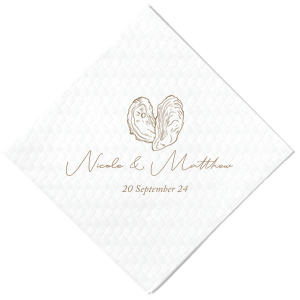 Savor the essence of romance with the Classic Italian Wedding Oyster Napkin. It features an artistically drawn shucked oyster, resembling a heart, symbolizing love and indulgence. Beneath this, the couple’s names in elegant script and the date add a touch of sophistication, perfectly capturing the spirit of a passionate celebration.