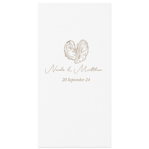 Savor the essence of romance with the Classic Italian Wedding Oyster Napkin. It features an artistically drawn shucked oyster, resembling a heart, symbolizing love and indulgence. Beneath this, the couple’s names in elegant script and the date add a touch of sophistication, perfectly capturing the spirit of a passionate celebration.