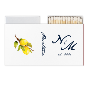 The Classic Italian Wedding Lemon Custom Photo Matchbox features elegant script initials with an established year and a vibrant fruit branch illustration. Choose it to add a fresh, refined detail to your reception décor. Perfect for weddings or Mediterranean-inspired celebrations.