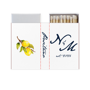 The Classic Italian Wedding Lemon Custom Photo Matchbox features elegant script initials with an established year and a vibrant fruit branch illustration. Choose it to add a fresh, refined detail to your reception décor. Perfect for weddings or Mediterranean-inspired celebrations.
