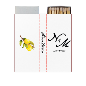 The Classic Italian Wedding Lemon Custom Photo Matchbox features elegant script initials with an established year and a vibrant fruit branch illustration. Choose it to add a fresh, refined detail to your reception décor. Perfect for weddings or Mediterranean-inspired celebrations.