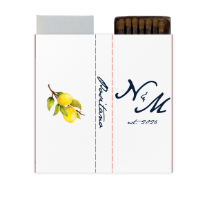 The Classic Italian Wedding Lemon Custom Photo Matchbox features elegant script initials with an established year and a vibrant fruit branch illustration. Choose it to add a fresh, refined detail to your reception décor. Perfect for weddings or Mediterranean-inspired celebrations.