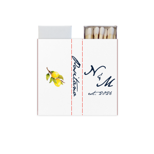 Give your guests a memorable wedding favor with this matchbox! Featuring a watercolor lemon graphic, this custom matchbox can be personalized with the date and location of your wedding. 