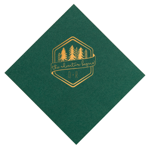 Embark on a journey with the Adventure Begins Trees Napkin. Framed by a hexagonal border, it showcases "the adventure begins" on a banner, flanked by varying evergreen trees. The design, featuring initials with a connecting plus sign, evokes the thrill of new beginnings in nature's embrace.