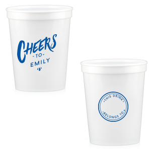 Celebrate with the Personal Cheers Cup, a dual-sided design featuring bold 'CHEERS to' and the celebrant's name on one side. The other side cleverly sports a circle badge reading 'This Drink Belongs To', with space for guests to personalize, combining fun and functionality at any event.