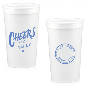 Celebrate with the Personal Cheers Cup, a dual-sided design featuring bold 'CHEERS to' and the celebrant's name on one side. The other side cleverly sports a circle badge reading 'This Drink Belongs To', with space for guests to personalize, combining fun and functionality at any event.