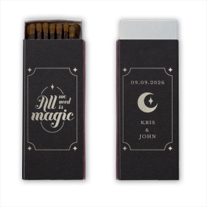 Our custom Glitter NEW Black Classic Matchbox with Shiny Sterling Silver Foil has a Magic Match Front graphic and a Magic Match Back graphic and is good for use in Wedding themed parties and can be personalized to match your party's exact theme and tempo.