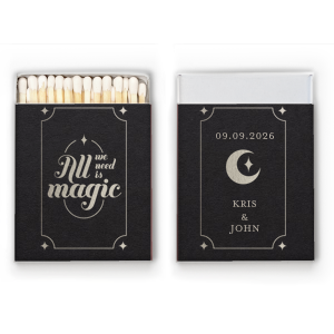 Our custom Glitter NEW Black Classic Matchbox with Shiny Sterling Silver Foil has a Magic Match Front graphic and a Magic Match Back graphic and is good for use in Wedding themed parties and can be personalized to match your party's exact theme and tempo.