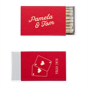 Channeling the iconic glitz of 1950s Las Vegas, the Vegas Baby Cards Matchbox ignites a nostalgic spark with its retro font and playful card illustration. Perfect for a destination wedding, it's a match made in vintage heaven, inviting guests to bet on love and luck in Sin City style.