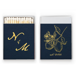 The Initials Lemon Match features elegant initials on one side and a detailed fruit branch illustration with an established year on the other. Choose it to add a refined, artistic touch to your reception tables. Excellent for weddings or garden-inspired celebrations.