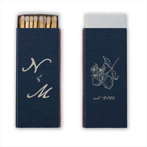 The Initials Lemon Match features elegant initials on one side and a detailed fruit branch illustration with an established year on the other. Choose it to add a refined, artistic touch to your reception tables. Excellent for weddings or garden-inspired celebrations.