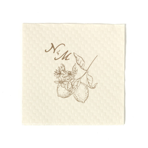 This Initials Lemon Napkin features a refined botanical citrus illustration paired with an elegant monogram for a timeless tabletop accent. Add it to your celebration to elevate drink service with thoughtful detail. Excellent for weddings or engagement parties.