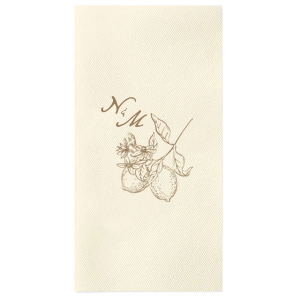 This Initials Lemon Napkin features a refined botanical citrus illustration paired with an elegant monogram for a timeless tabletop accent. Add it to your celebration to elevate drink service with thoughtful detail. Excellent for weddings or engagement parties.