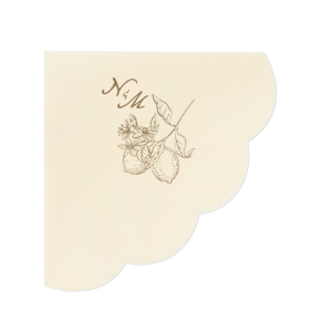 This Initials Lemon Napkin features a refined botanical citrus illustration paired with an elegant monogram for a timeless tabletop accent. Add it to your celebration to elevate drink service with thoughtful detail. Excellent for weddings or engagement parties.