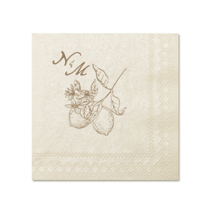 This Initials Lemon Napkin features a refined botanical citrus illustration paired with an elegant monogram for a timeless tabletop accent. Add it to your celebration to elevate drink service with thoughtful detail. Excellent for weddings or engagement parties.