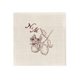 This Initials Lemon Napkin features a refined botanical citrus illustration paired with an elegant monogram for a timeless tabletop accent. Add it to your celebration to elevate drink service with thoughtful detail. Excellent for weddings or engagement parties.