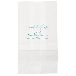 "Embrace the seaside spirit with the Beach Wave Gift Bag featuring a sleek wave design. Personalize with three lines of text to conjure the ocean's rhythm, creating a breezy, bespoke gift experience for your beach-themed celebration.
