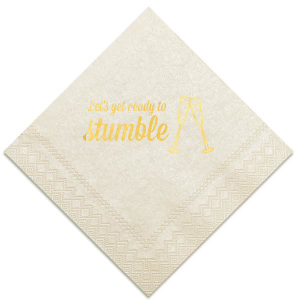 Raise a toast with the Toast & Stumble Napkin, a symbol of spirited celebration. It boldly declares “Let’s get ready to Stumble” alongside a graphic of clinking champagne flutes, perfectly capturing the essence of a lively, festive occasion filled with toasts, cheer, and unforgettable moments.