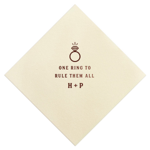 Our custom Ivory Cocktail Napkin with Shiny 18 Kt Gold Foil has a Diamond Ring graphic and is good for use in Wedding, Bridal Shower themed parties and will impress guests like no other. Make this party unforgettable.