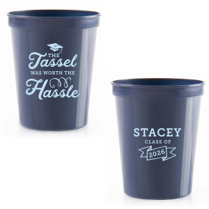 Celebrate graduation achievements with the Worth The Hassle Graduation Stadium Cup. One side captures the exhilaration of graduation, featuring "The Tassel was worth the Hassle" alongside a dynamic cap-toss design. The other side proudly displays the graduate's name, "Class of", and year, encapsulating this milestone's joy and accomplishment.
