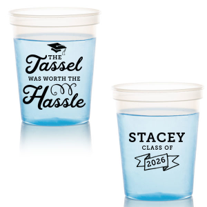 Celebrate graduation achievements with the Worth The Hassle Graduation Stadium Cup. One side captures the exhilaration of graduation, featuring "The Tassel was worth the Hassle" alongside a dynamic cap-toss design. The other side proudly displays the graduate's name, "Class of", and year, encapsulating this milestone's joy and accomplishment.