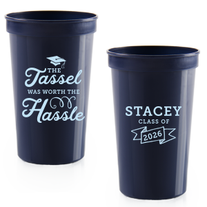 Celebrate graduation achievements with the Worth The Hassle Graduation Stadium Cup. One side captures the exhilaration of graduation, featuring "The Tassel was worth the Hassle" alongside a dynamic cap-toss design. The other side proudly displays the graduate's name, "Class of", and year, encapsulating this milestone's joy and accomplishment.