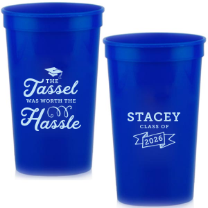 Celebrate graduation achievements with the Worth The Hassle Graduation Stadium Cup. One side captures the exhilaration of graduation, featuring "The Tassel was worth the Hassle" alongside a dynamic cap-toss design. The other side proudly displays the graduate's name, "Class of", and year, encapsulating this milestone's joy and accomplishment.