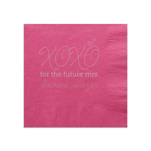 Embrace the excitement with the XOXO Bridal Shower Napkin featuring playful swirls, hugs, and kisses. 'For the future mrs.' and the bride-to-be's name below celebrate her journey to the aisle in a flurry of affection and anticipation.