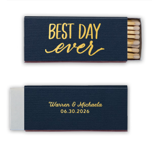 Embrace jubilation with the Traditional Script Names Best Day Ever Wedding Match design, featuring a vivacious "Best Day Ever" declaration on the front. The reverse side elegantly presents the couple's names in traditional script, crowned by the wedding date, blending excitement with classic charm.