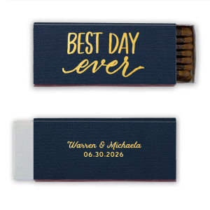 Embrace jubilation with the Traditional Script Names Best Day Ever Wedding Match design, featuring a vivacious "Best Day Ever" declaration on the front. The reverse side elegantly presents the couple's names in traditional script, crowned by the wedding date, blending excitement with classic charm.