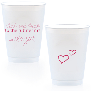 Customize Clink & Drink cups for a smashing addition to your bridal shower or bachelorette party! The Fuchsia print, hand lettered script and little hearts give a playful feminine touch your bride will love. Fun in the moment, they also make fabulous personalized party favors.