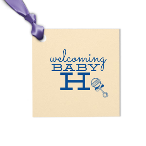 Personalized Poptone Mimosa Diamond Gift Tag with Shiny Lavender Foil has a Baby Rattle graphic and is good for use in Baby Shower themed parties and are a must-have for your next event—whatever the celebration!