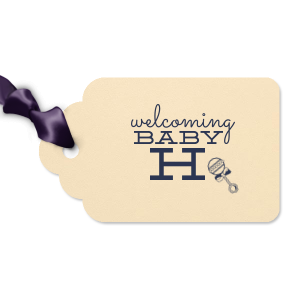 Personalized Poptone Mimosa Diamond Gift Tag with Shiny Lavender Foil has a Baby Rattle graphic and is good for use in Baby Shower themed parties and are a must-have for your next event—whatever the celebration!