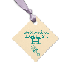 Personalized Poptone Mimosa Diamond Gift Tag with Shiny Lavender Foil has a Baby Rattle graphic and is good for use in Baby Shower themed parties and are a must-have for your next event—whatever the celebration!