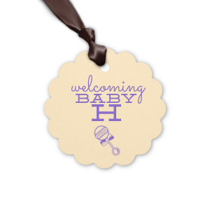 Personalized Poptone Mimosa Diamond Gift Tag with Shiny Lavender Foil has a Baby Rattle graphic and is good for use in Baby Shower themed parties and are a must-have for your next event—whatever the celebration!