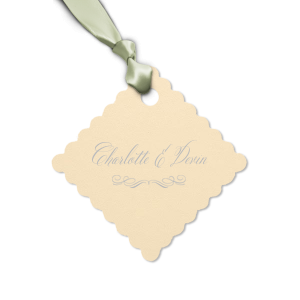 Custom Stardream Ivory Scalloped Gift Tag with Matte Navy Foil has a Flourish 17 graphic and will look fabulous with your unique touch. Your guests will agree!