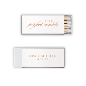 Ignite the spark of a new beginning with the Classic Perfect Match Names & Date Wedding Match. Elegant script announces a timeless union on the front, while the couple's bond is celebrated with a date below on the reverse. A truly sophisticated design, it's a refined detail for the discerning couple's grand day.