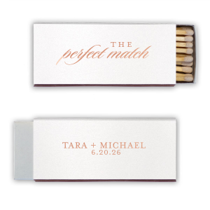 Ignite the spark of a new beginning with the Classic Perfect Match Names & Date Wedding Match. Elegant script announces a timeless union on the front, while the couple's bond is celebrated with a date below on the reverse. A truly sophisticated design, it's a refined detail for the discerning couple's grand day.