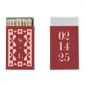 The Valentine’s Day Hearts Matches features repeating card-inspired icons, centered initials, and bold numerals for a romantic, graphic look. Pick it up to add a meaningful, keepsake-worthy accent to your celebration details. Perfect for anniversaries, or Valentine’s gatherings.