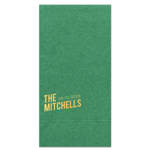 The Bold Angled Names and Date Napkin features modern typography with a custom family name and event date. Add it to your celebration to create a cohesive, polished tablescape guests will notice. Great for wedding receptions or anniversary parties.