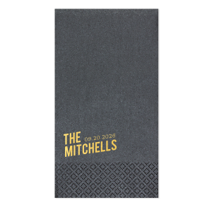 The Bold Angled Names and Date Napkin features modern typography with a custom family name and event date. Add it to your celebration to create a cohesive, polished tablescape guests will notice. Great for wedding receptions or anniversary parties.